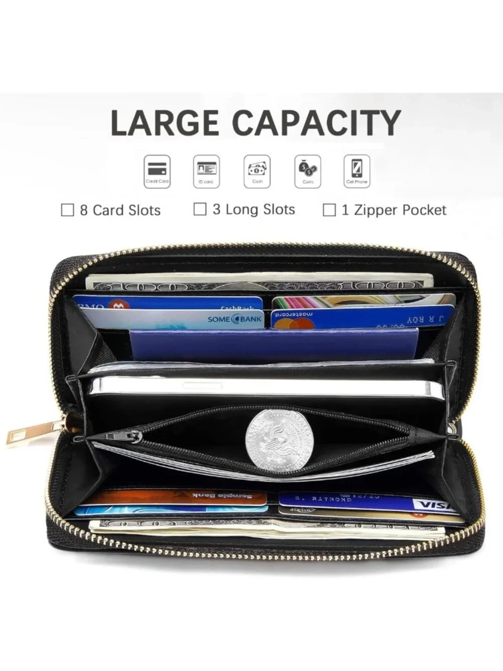 Vintage American Flag Print Large Capacity Wallet - PU Leather Zipper Clutch